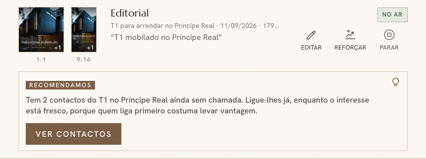 Sugestão do assistente de campanhas por baixo de uma campanha no painel