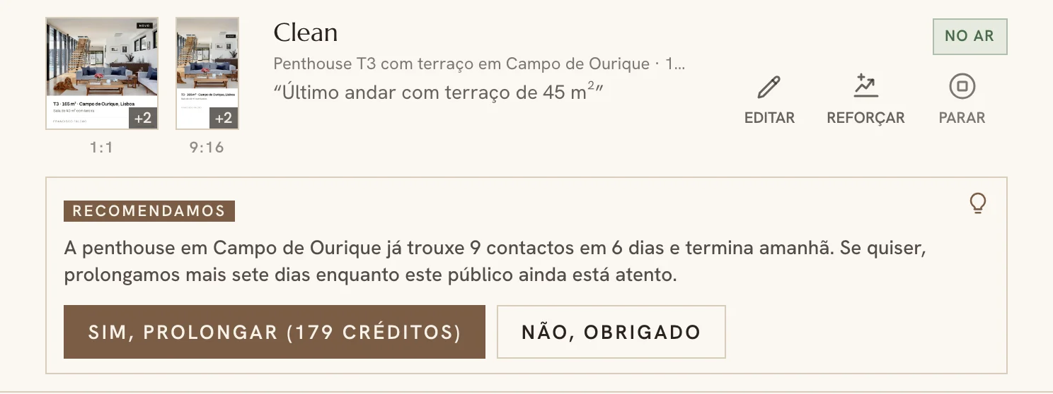 Sugestão do assistente de campanhas por baixo de uma campanha no painel