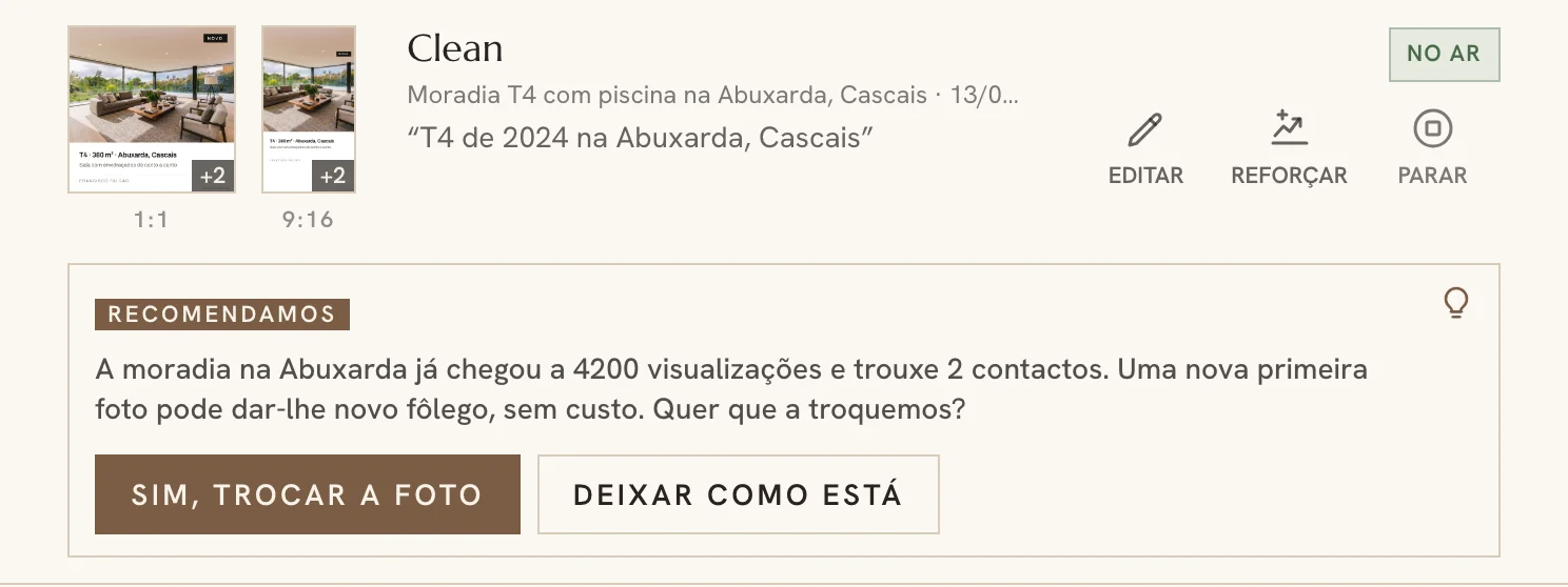 Sugestão do assistente de campanhas por baixo de uma campanha no painel