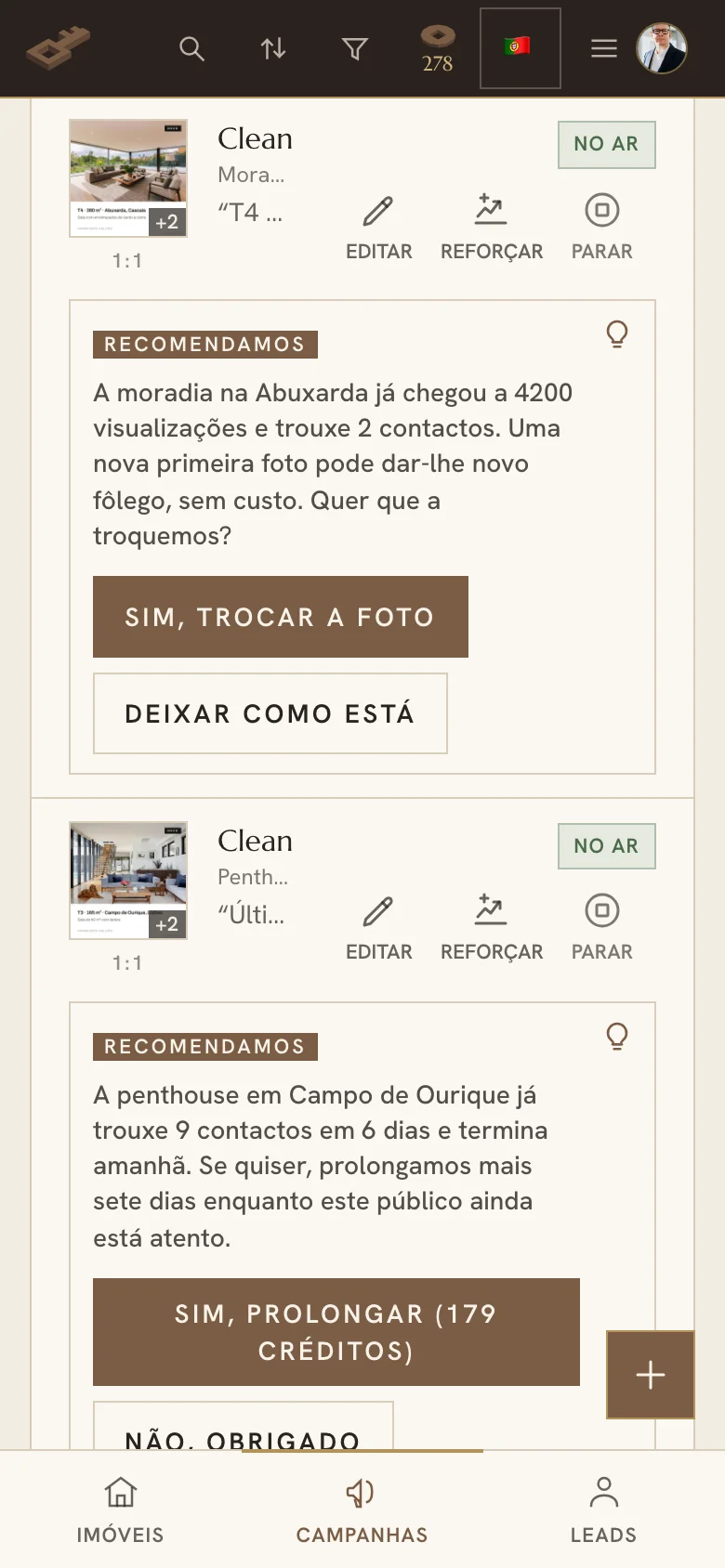 Sugestão do assistente de campanhas na aplicação