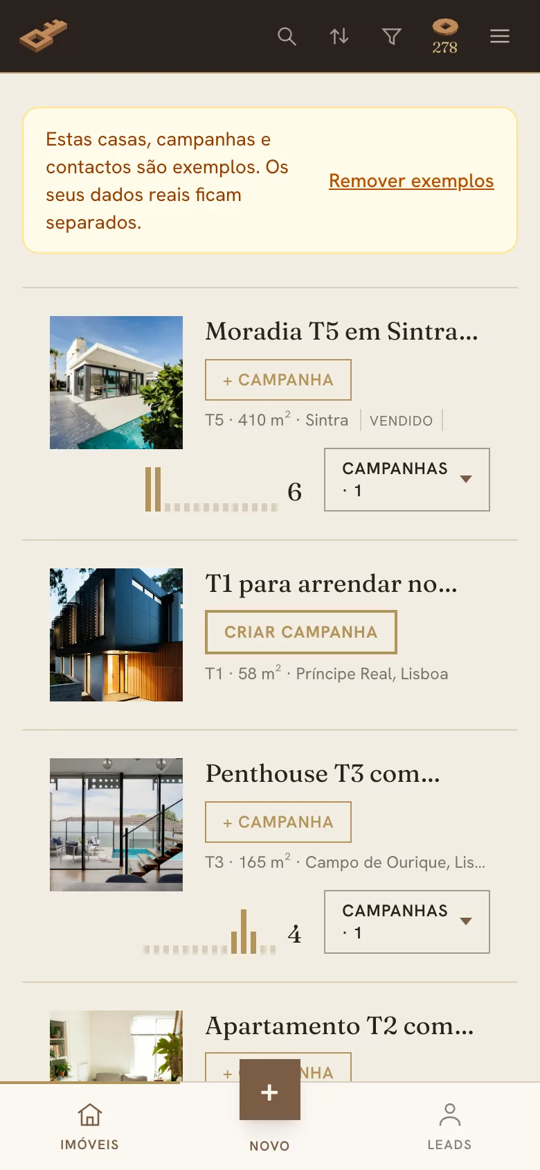 O imóvel na aplicação